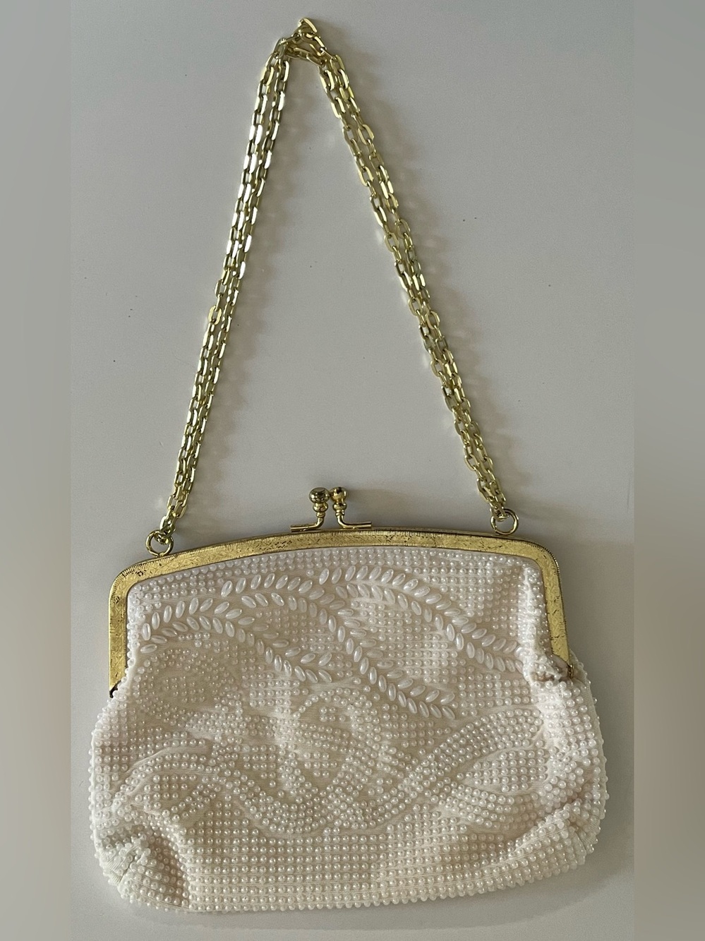 VTG Pearl Beaded Evening Bag Handbag Cream Gold
